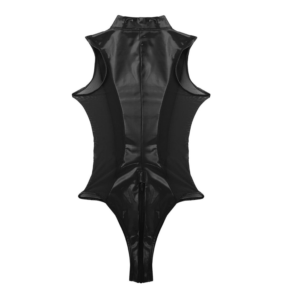 Patent Leather Sheer Mesh Splice Zipper Open Crotch Bodysuit Micro ...